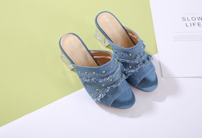 Spring denim crystal chunky rivet mid-heel slippers