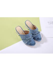 Spring denim crystal chunky rivet mid-heel slippers