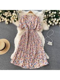 Summer new floral thin dress chiffon temperament pleated knee-length dress