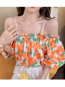 Sexy Elegant Pearl Chain Sling Off-Shoulder Flower Color Top