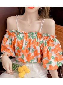 Sexy Elegant Pearl Chain Sling Off-Shoulder Flower Color Top