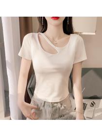 Discount Hollow Out Pure Color T Shirt 