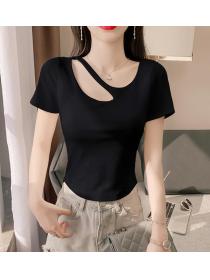 Discount Hollow Out Pure Color T Shirt 