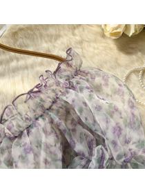 Summer new floral short-sleeved short mesh chiffon top