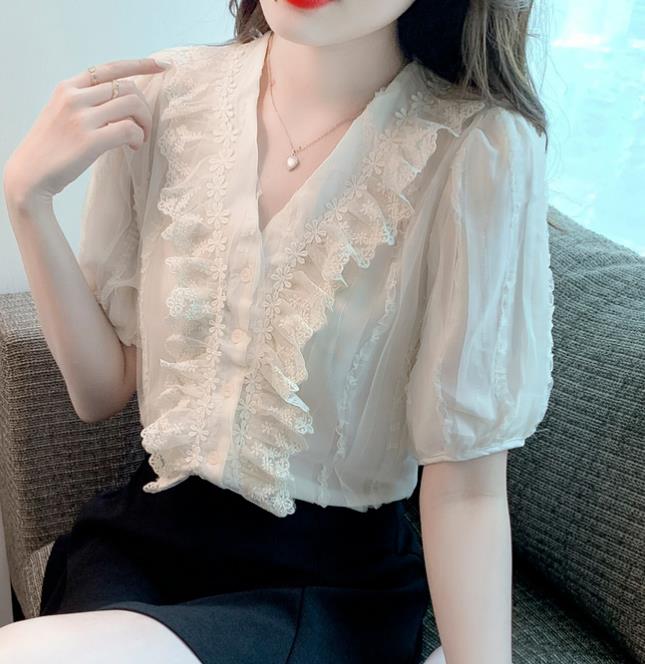 On Sale V  Collars Temperament ruffled    lace Top