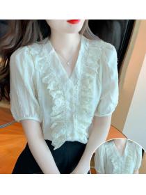 On Sale V  Collars Temperament ruffled    lace Top 