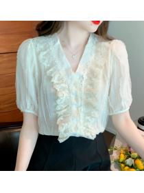On Sale V  Collars Temperament ruffled    lace Top 