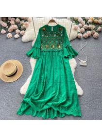 Vintage style embroidered round neck bell-sleeved dress A-line Long dress