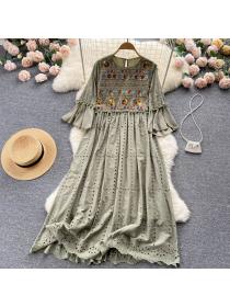 Vintage style embroidered round neck bell-sleeved dress A-line Long dress
