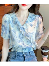On Sale Floral Printing Show Waist Blouse 