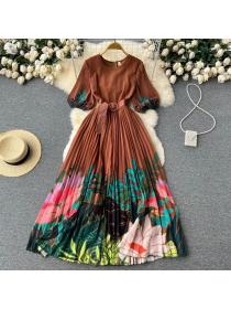 Vintage style Long dress High waist Puff sleeve dress for women