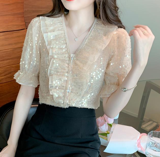 For Sale Puff Sleeve Ruffle Sequins Blouse