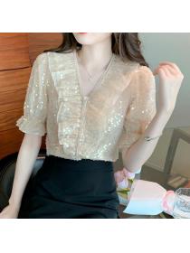 For Sale Puff Sleeve Ruffle Sequins Blouse 