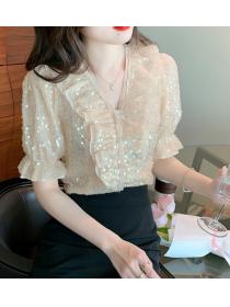 For Sale Puff Sleeve Ruffle Sequins Blouse 