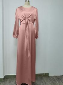 Elegant style European fashion Dubai Long-sleeved Plain Satin Long dress
