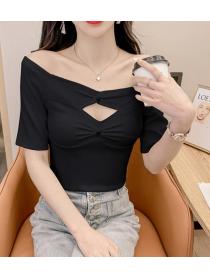 Korean Style Off Collars Hollow Out Top 