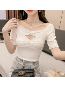 Korean Style Off Collars Hollow Out Top 