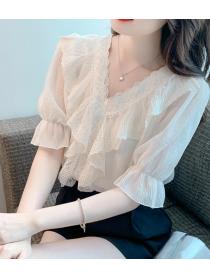  On Sale V  Collars Ruffles Hollow Out Blouse 