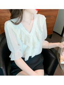  On Sale V  Collars Ruffles Hollow Out Blouse 
