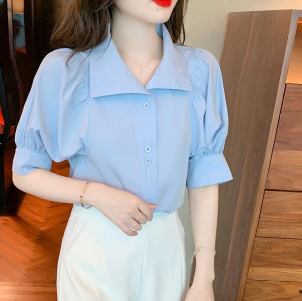 Retro Embroidered Doll Collar Puff Sleeve Shirt