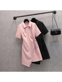 Summer new Plus size dress Polo-neck temperament waist slim Short-sleeved dress