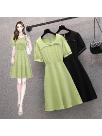 Fashion style Plus size Summer Plain High-waist Short sleeve dress