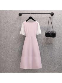 Summer's new square collar fake two-piece dress