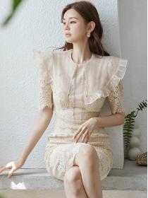 Korean style temperament slim mid-length fashion stitching bag hip lace dress