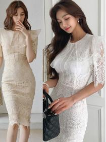Korean style temperament slim mid-length fashion stitching bag hip lace dress