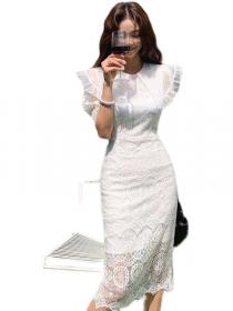 Korean style temperament slim mid-length fashion stitching bag hip lace dress