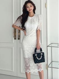 Korean style temperament slim mid-length fashion stitching bag hip lace dress
