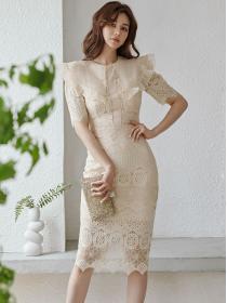 Korean style temperament slim mid-length fashion stitching bag hip lace dress