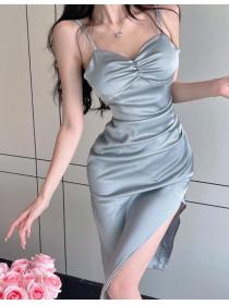 Sexy V-Neck Pleated Slit Slim Fit Sling Dress