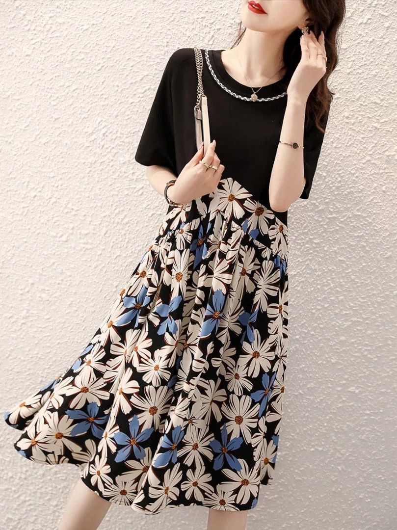 Contrast color stitching loose and slim chiffon dress