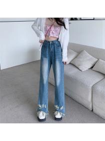 Vintage style high waist loose ripped straight wide leg jeans