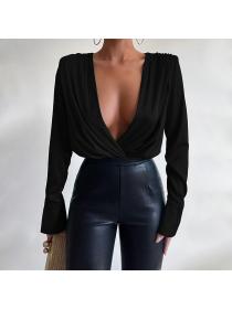 European style V-Neck Padded Shoulder Pleated Long-Sleeve Jumpsuit