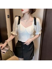 New style pleated tie square-neck short-sleeved shirt