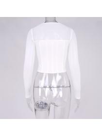 Outlet hot style Square Neck Mesh See-Through Breasted Cropped Long Sleeve T-Shirt