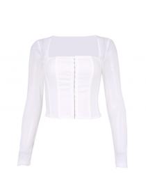 Outlet hot style Square Neck Mesh See-Through Breasted Cropped Long Sleeve T-Shirt