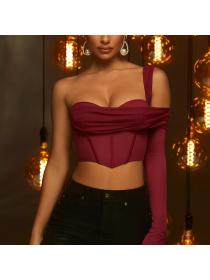 Outlet hot style Summer sexy mesh fishbone Single-shoulder women's short top