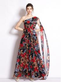 Irrgualr Design Floral Printing Show Waist Dress