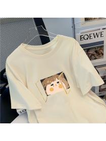 On sale 100% cotton Summer Long style Loose Round neck Short sleeve Cartoon Print T-shirt