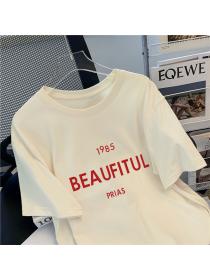 Korean style 100% cotton Summer Fashion Loose Round neck Short sleeve Letter T-shirt
