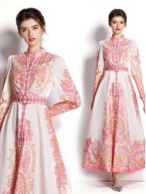 Stand Collars Floral Printing Maxi Dress