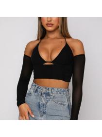 Outlet hot style Summer Women's Sexy Mesh See-Through Pleated Halter neck Long Sleeve Top