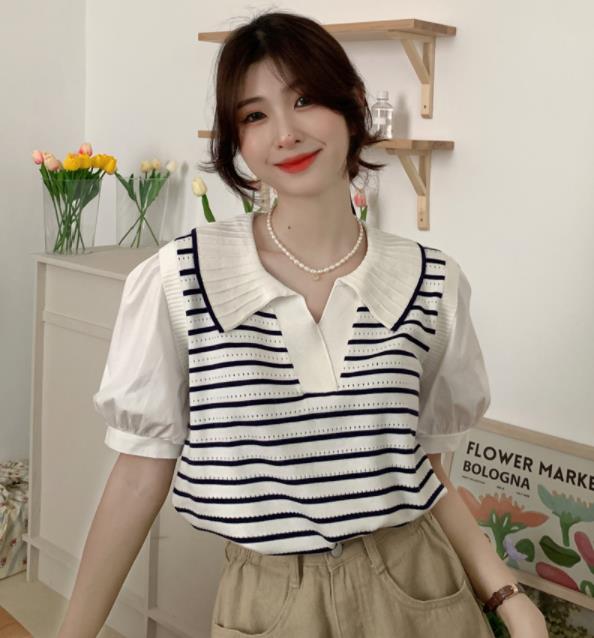 Korean Style Stripe Puff Sleeve Top