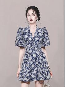 Korean Style V  Collars lantern sleeve waist lotus leaf Dress