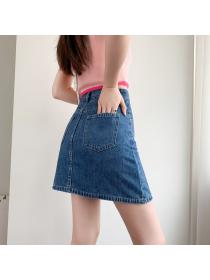 Summer new Korean fashion high waist washed denim skirt A-line skirt