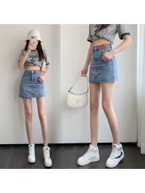 Summer new Korean fashion high waist irregular denim skirt one-step skirt