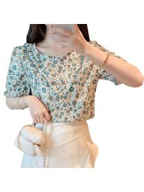 Summer new fashion temperament lace Short sleeve floral print round neck shirt